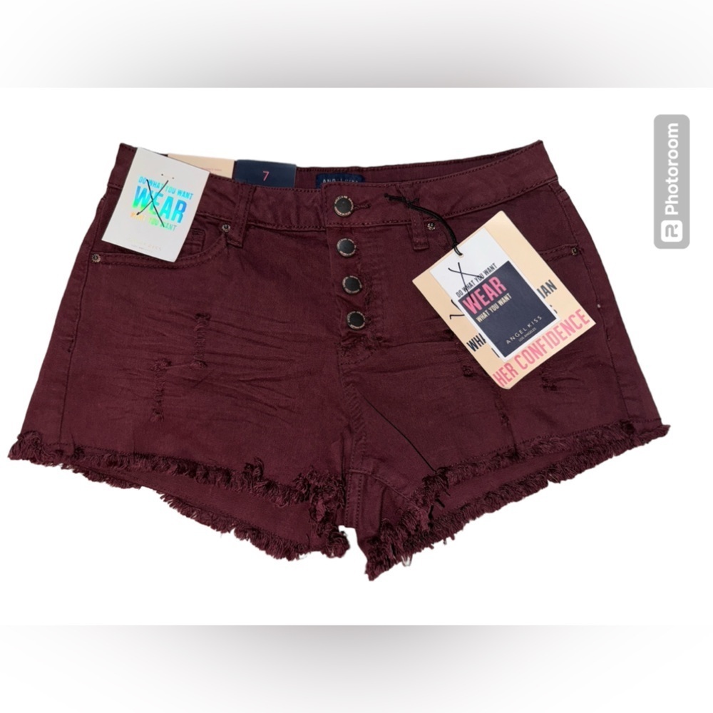 NWT angel kiss brown distressed shorts size 7 full button up